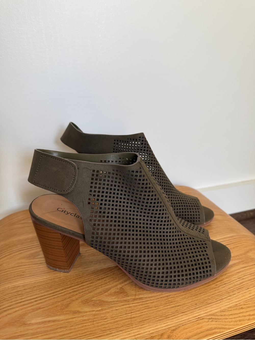 Cityclassified Olive Perforated Peep-Toe Block Heel Slingbacks